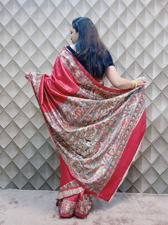 RED TASSAR HANDPAINTED MADHUBANI SILK SAREE